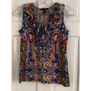 Lauren Ralph Lauren Women's Sz XS Petite Top Ruffled Paisley Beach Cruise